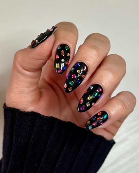 gem nails colorful rhinestones on black base nail polish