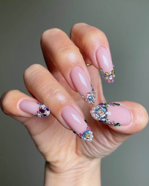 gem nails colorful diamonds and pearls as french manicure