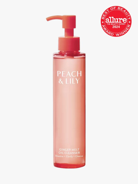 Peach & Lily Ginger Melt Cleansing Oil in branded component with best of beauty 2024 seal in the top right corner